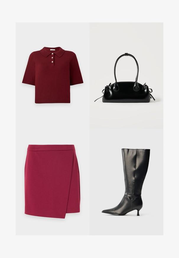 Polo en maille bourgogne avec manches courtes, col classique et patte de boutonnage à quatre boutons ronds blancs.; Jupe portefeuille en bordeaux profond, confectionnée dans un tissu doux. Elle présente une ceinture lisse et un ourlet asymétrique pour une silhouette fluide.; Botte en cuir noire montant jusqu'au genou, avec un bout pointu et un petit talon bas, présentée sur un fond clair uni.; Petit sac à main noir brillant avec deux longues anses et des détails à cordon sur les côtés sur un fond clair uni.