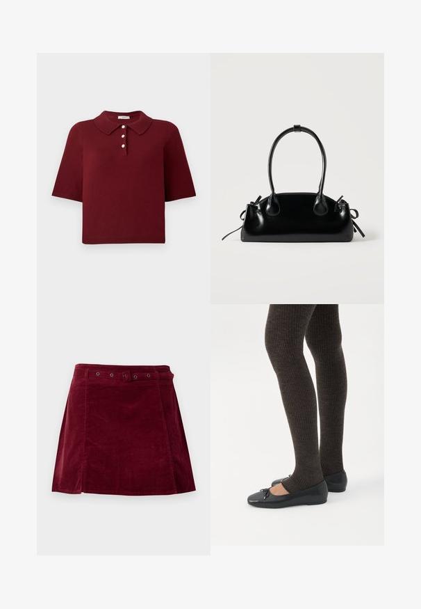 Polo en maille bourgogne avec manches courtes, col classique et patte de boutonnage à quatre boutons ronds blancs.; Jupe en velours côtelé rouge foncé avec une ceinture assortie et des œillets métalliques, présentant une légère forme trapèze et un détail sur le panneau avant.; Jambes portant des leggings côtelés foncés associés à des ballerines noires avec de petits détails en nœud sur fond blanc.; Petit sac à main noir brillant avec deux longues anses et des détails à cordon sur les côtés sur un fond clair uni.