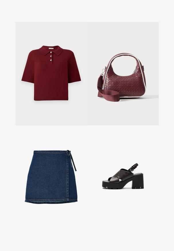Polo de punto burdeos con mangas cortas, un cuello clásico y una tapeta de cuatro botones con botones blancos redondos.; Falda de mezclilla con diseño envolvente, de color azul oscuro y cinturilla anudada. Presenta detalles de costura a lo largo del dobladillo y la costura lateral.; Sandalias de tacón alto de cuero negro con una plataforma gruesa, diseño de tiras cruzadas, hebilla ajustable y suela texturada.; Bolso de mano de cuero tejido color granate con asa curva, ribete blanco, cremallera plateada y correa desmontable de tela ancha para el hombro sobre fondo liso.