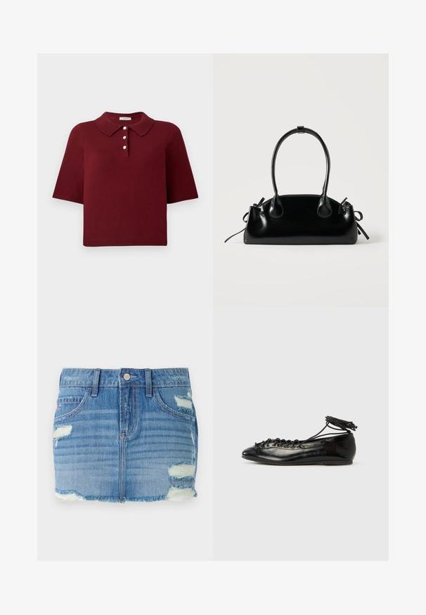 Bordeaux gebreide polo met korte mouwen, een klassieke kraag en een vierknops stolp met ronde witte knopen.; Denim mini-jurk in lichtblauw met een versleten afwerking. Kenmerkt zich door een rafelige zoom, vervaagde delen en verschillende scheuren. Voorzijde met knoopsluiting en zakken.; Zwarte ballerina's van lakleer met een afgeronde neus, veterdesign en een platte zool. Glad oppervlak met minimale details.; Kleine zwarte glanzende handtas met twee lange hengsels en zijkant trekkoord details op een effen lichte achtergrond.