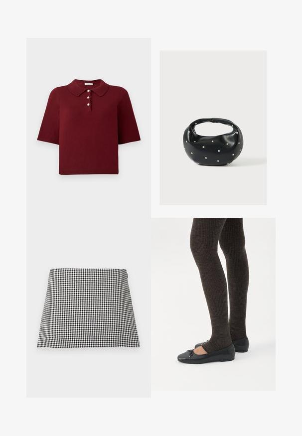 Polo en maille bourgogne avec manches courtes, col classique et patte de boutonnage à quatre boutons ronds blancs.; Jupe mini trapèze à carreaux noirs et blancs avec une fermeture éclair latérale sur un fond uni.; Jambes portant des leggings côtelés foncés associés à des ballerines noires avec de petits détails en nœud sur fond blanc.; Sac à main en cuir noir de forme arrondie, décoré de clous argentés et équipé d'une poignée courte. Texture lisse et fermeture éclair.