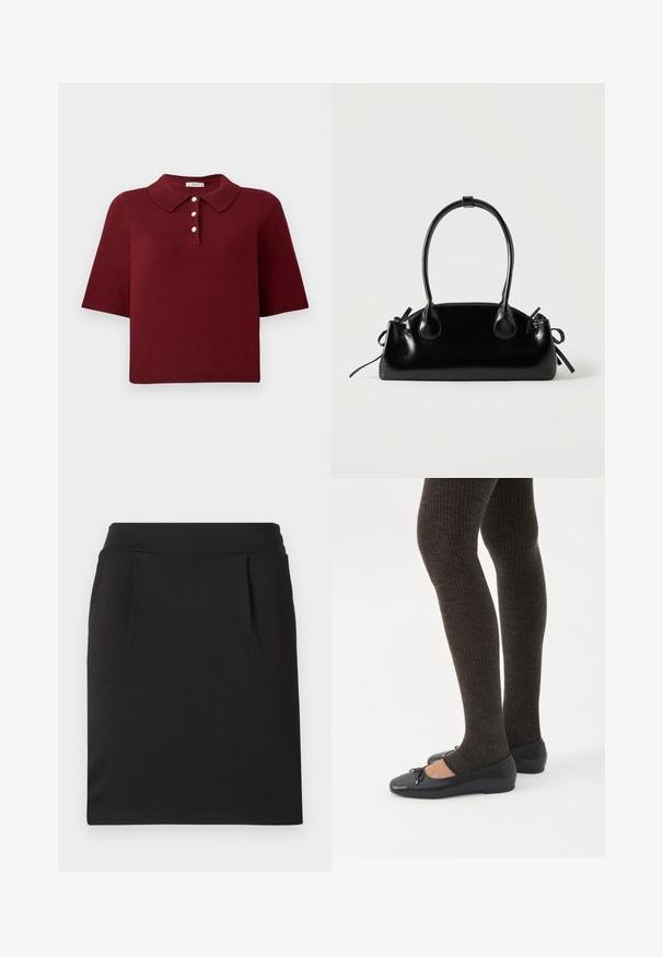 Polo de punto burdeos con mangas cortas, un cuello clásico y una tapeta de cuatro botones con botones blancos redondos.; Falda lápiz negra hasta la rodilla con una cinturilla amplia y sutiles pinzas frontales, hecha de tela suave.; Piernas con leggings oscuros acanalados combinados con bailarinas negras que presentan pequeños detalles de lazo sobre un fondo blanco.; Pequeño bolso negro brillante con dos asas largas y detalles de cordón lateral sobre un fondo claro liso.