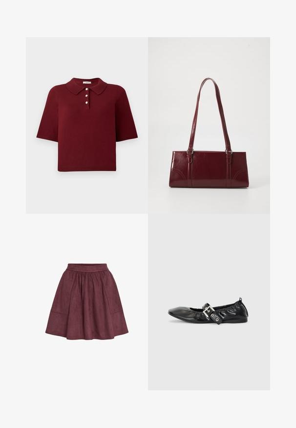 Burgunderfarbener Strick-Polo-Shirt mit kurzen Ärmeln, klassischem Kragen und einer Knopfleiste mit vier runden weißen Knöpfen.; Bordauxfarbene Wildlederrock mit ausgestellter Form, elastischem Bund und zwei Seitentaschen. Er zeichnet sich durch eine weiche Textur und ein minimalistisches Design aus.; Schwarze Leder-Ballerinas mit spitzem Zehenbereich, gerafften Details am Schaft und einem silbernen Schnallenakzent am verstellbaren Riemen.; Burgunderfarbene Handtasche aus glänzendem Material, rechteckige Form, mit zwei Schulterriemen und subtilen, geschwungenen Akzenten an der Vorderseite.