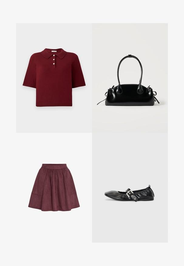 Bordeaux gebreide polo met korte mouwen, een klassieke kraag en een vierknops stolp met ronde witte knopen.; Bordeaux suède rok met een flared vorm, elastische tailleband en twee zijzakken, met een zachte textuur en minimalistisch ontwerp.; Zwarte leren platte schoen met een spitse neus, geplooide details rond de opening en een zilveren gespaccentueerde verstelbare band.; Kleine zwarte glanzende handtas met twee lange hengsels en zijkant trekkoord details op een effen lichte achtergrond.