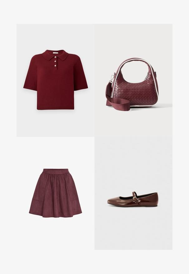 Burgunderfarbener Strick-Polo-Shirt mit kurzen Ärmeln, klassischem Kragen und einer Knopfleiste mit vier runden weißen Knöpfen.; Bordauxfarbene Wildlederrock mit ausgestellter Form, elastischem Bund und zwei Seitentaschen. Er zeichnet sich durch eine weiche Textur und ein minimalistisches Design aus.; Braune Lackleder-Ballerinas mit quadratischer Zehenform und Riemen mit einer kleinen goldenen Schnalle. Glatte Textur, niedriger Absatz und minimalistisches Design.; Dunkelrote gewebte Ledertasche mit gebogenem Griff, weißem Besatz, silbernem Reißverschluss und abnehmbarem breitem Stoff-Schulterriemen vor einfarbigem Hintergrund.
