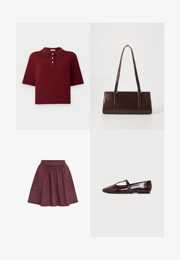 Burgunderrød strikket polo-shirt med korte ærmer, en klassisk krave og fire knaplukninger med runde hvide knapper.; Bordeaux ruskindsnederdel med en flagrende form, elastisk talje og to sidelommer, der har en blød tekstur og minimalistisk design.; Mørk burgunderfarvet flad lædersko med spids tå og en tynd T-rem med en sølvspænde på en hvid baggrund.; Brun lakeret håndtaske med rektangulær form, to lange håndtag og subtile buede detaljer på fronten.