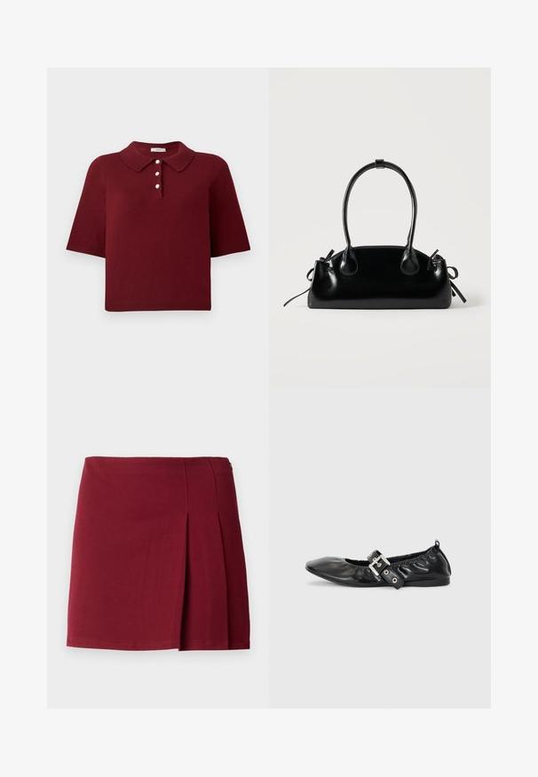 Polo en maille bourgogne avec manches courtes, col classique et patte de boutonnage à quatre boutons ronds blancs.; Jupe mini plissée bordeaux avec une texture lisse, taille ajustée et fermeture à glissière sur le côté. Design simple et minimaliste sans motifs.; Chaussure plate en cuir noir avec un nez pointu, des détails froncés autour de l'ouverture et un accent en boucle argentée sur la bride ajustable.; Petit sac à main noir brillant avec deux longues anses et des détails à cordon sur les côtés sur un fond clair uni.
