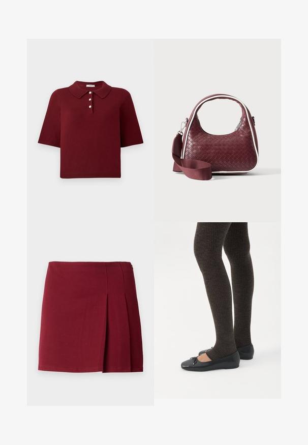 Burgunderrød strikket polo-shirt med korte ærmer, en klassisk krave og fire knaplukninger med runde hvide knapper.; Bordeaux plisseret miniskørt med en glat overflade, tætsiddende talje og lynlås i siden. Simple, minimalistisk design uden mønstre.; Ben iført mørke ribbede leggings kombineret med sorte balletsko med små sløjfedetaljer på hvid baggrund.; Mørkerød vævet lædertaske med buet hank, hvid kant, sølv lynlås og aftagelig bred stofskulderrem mod en ensfarvet baggrund.