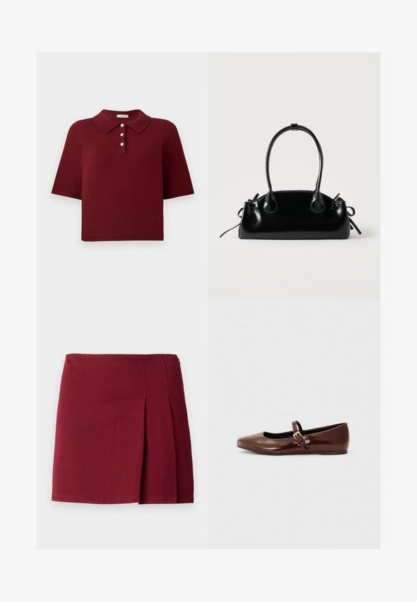 Burgunderrød strikket polo-shirt med korte ærmer, en klassisk krave og fire knaplukninger med runde hvide knapper.; Bordeaux plisseret miniskørt med en glat overflade, tætsiddende talje og lynlås i siden. Simple, minimalistisk design uden mønstre.; Brun patentlæder balletflade med firkantet tå og strop med en lille guldbuckle. Glat tekstur, lav hæl og minimalistisk design.; Lille sort blank håndtaske med to lange håndtag og snøre-detaljer i siden på en ensfarvet lys baggrund.