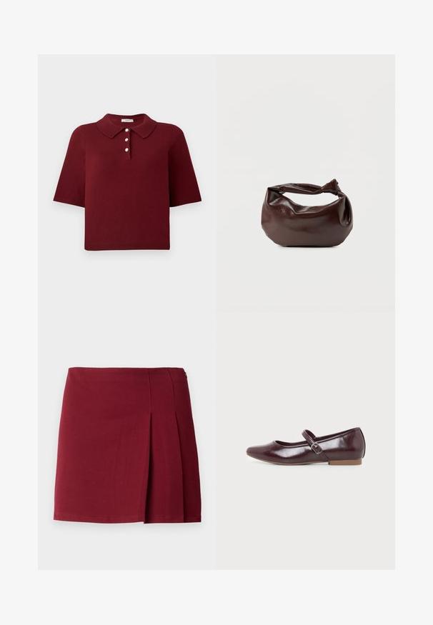 Burgunderrød strikket polo-shirt med korte ærmer, en klassisk krave og fire knaplukninger med runde hvide knapper.; Bordeaux plisseret miniskørt med en glat overflade, tætsiddende talje og lynlås i siden. Simple, minimalistisk design uden mønstre.; Bordeaux Mary Jane flad sko med rundet tå, skinnende finish, justerbar side-rem med sølvspænde og lav lysebrun sål.; Mørkebrun læder skuldertaske med en blød, afslappet form og et snoet knudehåndtag på en ensartet hvid baggrund.