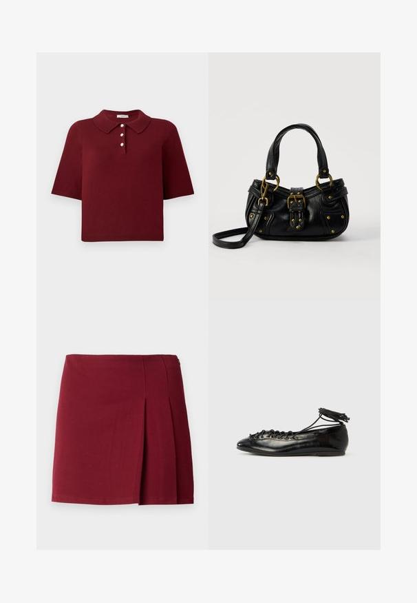 Burgunderrød strikket polo-shirt med korte ærmer, en klassisk krave og fire knaplukninger med runde hvide knapper.; Bordeaux plisseret miniskørt med en glat overflade, tætsiddende talje og lynlås i siden. Simple, minimalistisk design uden mønstre.; Sorte balletflade sko i laklæder med rundet tå, snørelukning og flad sål. Glat tekstur med få detaljer.; Sort læderhåndtaske med guldbælge og nitdetaljer, korte håndtag og en justerbar skulderrem på en ensfarvet hvid baggrund.