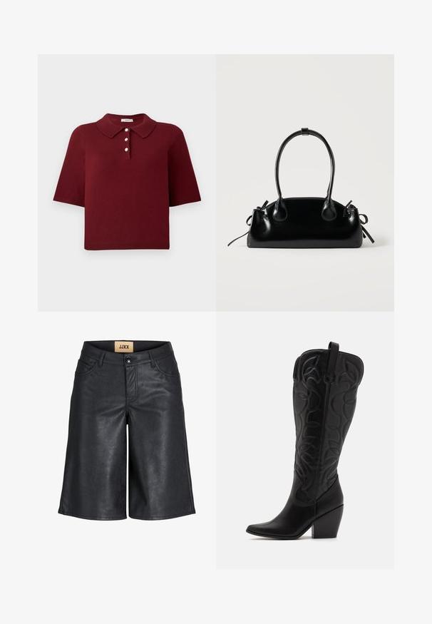 Polo de punto burdeos con mangas cortas, un cuello clásico y una tapeta de cuatro botones con botones blancos redondos.; Pantalones cortos hasta la rodilla de cuero sintético negro con botón frontal, trabillas para cinturón y etiqueta JJXX en la cintura interior.; Botas negras de cuero hasta la rodilla con punta puntiaguda y tacón apilado. Presentan costuras decorativas y elementos de diseño curvados.; Pequeño bolso negro brillante con dos asas largas y detalles de cordón lateral sobre un fondo claro liso.