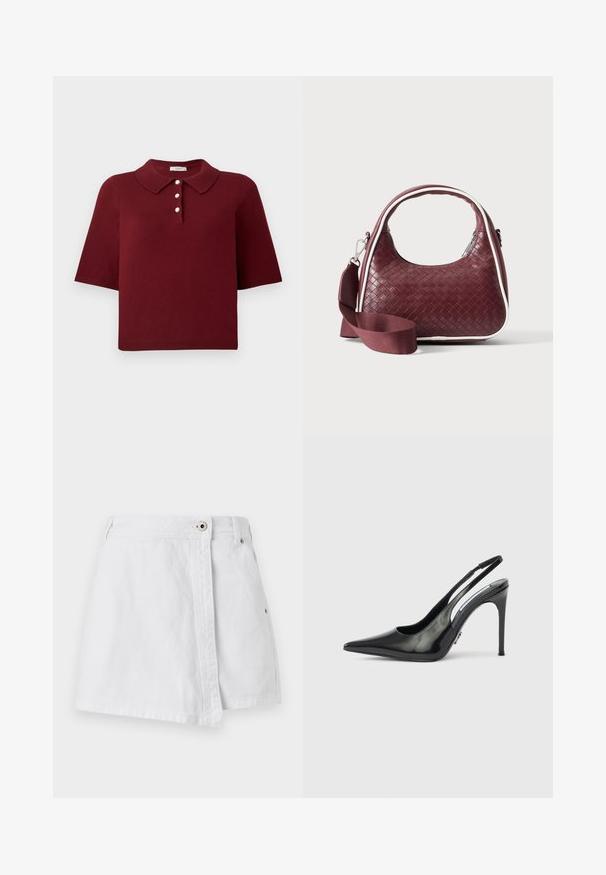 Burgundia nööridega polo särk lühikeste varrukatega, klassikalise kaelusega ja nelja nupuga, millel on ümmargused valged nupud.; Valge denim mini-seelik, millel on ees nupplukuga sulgemine, sirge lõige ja peened õmblused. Omab puhtast ja sujuvast tekstuurist välimust.; Mustast lakknahast kantav kõrge kontsaga king, terava otsa ja avatud külgedega, peenike konts. Läikiv viimistlus koos minimaalsete riistvarade detailidega.; Väike bordoopunutud nahkkäekott kumerate käepidemete, valgete äärte, hõbedase tõmblukuga ja eemaldatava laiast kangast õlarihmaga lihtsa taustaga.