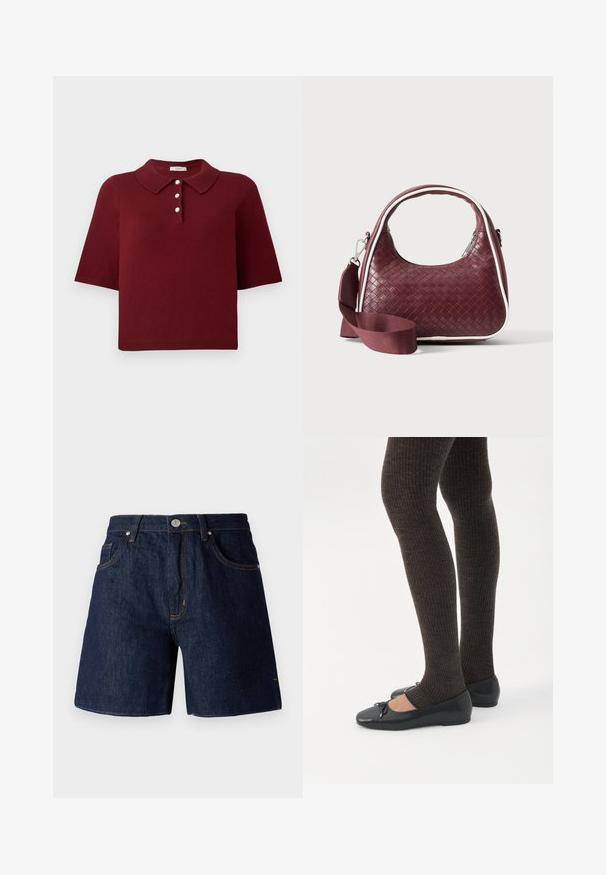 Polo en maille bourgogne avec manches courtes, col classique et patte de boutonnage à quatre boutons ronds blancs.; Shorts en denim bleu foncé avec des coutures contrastantes orange. Comprend cinq poches, une fermeture à bouton et un design à jambes droites.; Jambes portant des leggings côtelés foncés associés à des ballerines noires avec de petits détails en nœud sur fond blanc.; Sac à main en cuir tressé marron foncé avec poignée courbée, garniture blanche, fermeture éclair argentée et bandoulière large en tissu amovible sur fond uni.