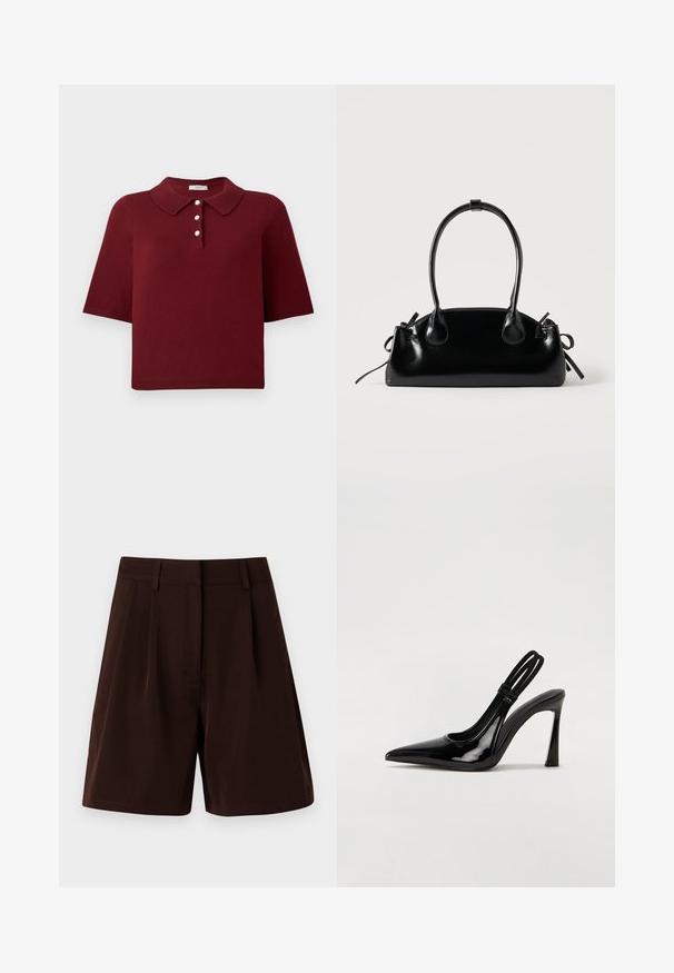 Burgunderrød strikket polo-shirt med korte ærmer, en klassisk krave og fire knaplukninger med runde hvide knapper.; Brune plisserede shorts lavet af letvægtsstof. Har en klassisk talje og sidelommer, med en lige pasform og kantede kanter.; Sorte patenterede lædersædler med spidse tæer, slank høj hæl og dobbelt elastisk rem for sikker pasform. Glat, skinnende overflade.; Lille sort blank håndtaske med to lange håndtag og snøre-detaljer i siden på en ensfarvet lys baggrund.
