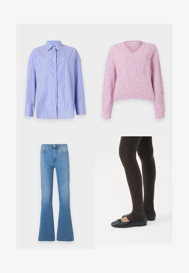 Lichtroze, cropped sweater met V-hals, lange mouwen en een textuur van kabelbreiwerk. Zacht, fuzzy materiaal met een geribbelde zoom.; Lichtblauwe button-up shirt met verticale strepen en stippenaccenten. Heeft een kraag, lange mouwen en een rechte snit. Zachte stof.; Lichtblauwe denim flared jeans met een taille van gemiddelde hoogte, voorzien van voorzakken en een knoopsluiting. Soepele textuur en klassieke vijfzakkenontwerp.; Benen met donkere geribbelde leggings gecombineerd met zwarte ballerina's met kleine strikdetails op een witte achtergrond.