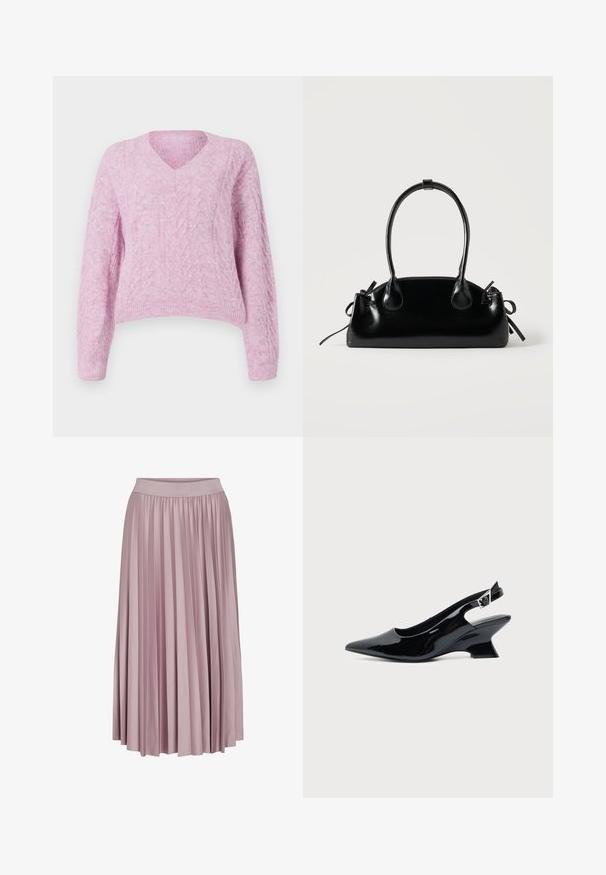 Pull court rose clair avec décolleté en V, manches longues, et un design en tricot à torsades texturées. Matière douce et moelleuse avec un ourlet côtelé.; Jupe longue plissée en tissu rose pâle, dotée d'une taille élastique. Sa texture lisse et son design fluide mettent en valeur sa forme générale.; Chaussure slingback en cuir verni noir avec bout pointu et petit talon bloc incliné sur fond clair uni.; Petit sac à main noir brillant avec deux longues anses et des détails à cordon sur les côtés sur un fond clair uni.