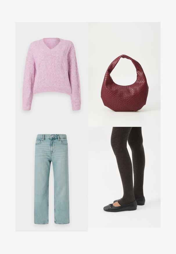 Lyserød, cropped sweater med V-hals, lange ærmer og tekstureret kabelstrik. Blødt, fuzzy materiale med ribbet kant.; Lyseblå brede jeans lavet af denim, der har et klassisk fem-lomme design, rene linjer og et almindeligt taljebånd med knaplukning.; Ben iført mørke ribbede leggings kombineret med sorte balletsko med små sløjfedetaljer på hvid baggrund.; Vævet bordeaux håndtaske med en rund silhuet, et enkelt håndtag og en tekstureret overflade. Lynlåslukning øverst.