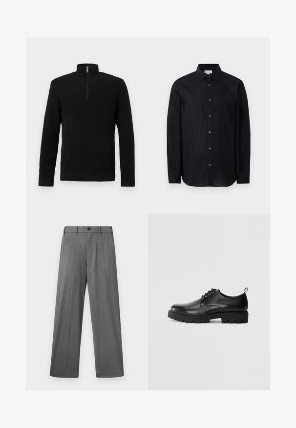Pull-over texturé noir à manches longues avec un col montant à demi-fermeture éclair et des poignets et ourlets côtelés, présenté sur un fond blanc.; Chemise noire à manches longues avec boutons et col, présentée à plat sur un fond blanc.; Pantalon gris à jambes larges en tissu texturé, avec une fermeture à bouton, des poches latérales et des plis nets le long des jambes.; Chaussure en cuir noir à bout arrondi, présentant un design à lacets, une semelle en caoutchouc noire robuste et un petit onglet de talon à l'arrière.