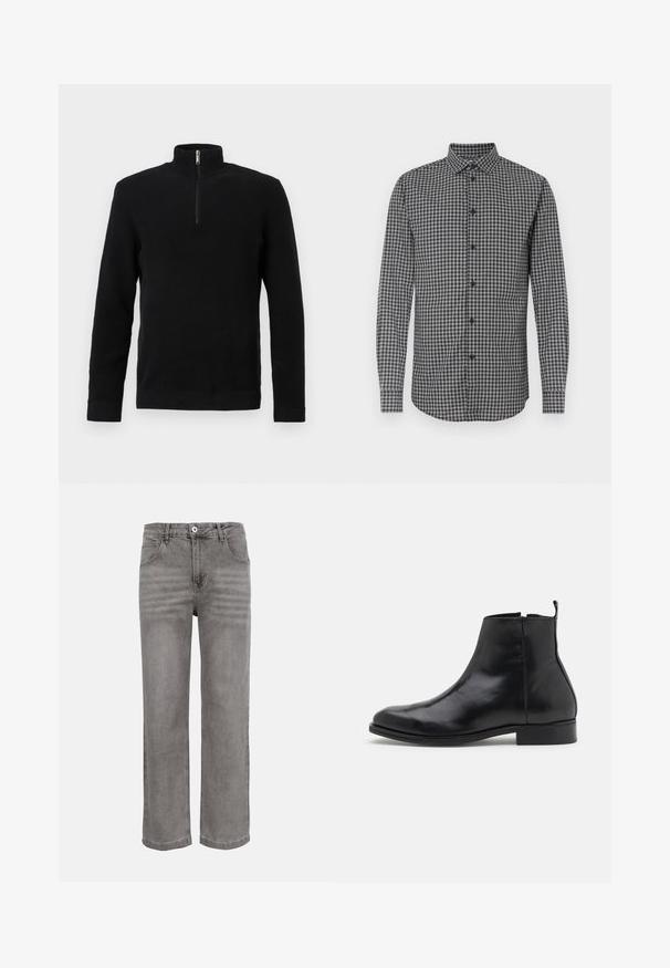 Pull-over texturé noir à manches longues avec un col montant à demi-fermeture éclair et des poignets et ourlets côtelés, présenté sur un fond blanc.; Chemise à manches longues à carreaux noirs et blancs avec un col boutonné, offrant une coupe régulière et une fermeture à boutons sur le devant. Tissu texturé.; Jean en denim gris à jambes droites avec fermeture à bouton et glissière à l'avant, passants pour ceinture et deux poches avant.; Zign by Zalando Bottines - black