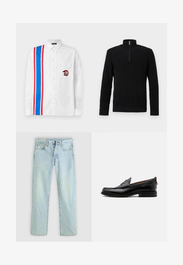 Sort langærmet tekstureret pullover-trøje med halv lynlås og høj krave samt ribstrikkede manchetter og kant, vist på hvid baggrund.; Hvid skjorte med knapper, der har et blåt og rødt stribedesign på den ene side og et sort broderet hjelm-patch på brystlommen.; Lyseblå denimjeans med lige pasform, fem lommer, knapgylp og subtil falming. Har syninger og kobbernitter som detaljer.; Sort læder herre loafer med moc-tå syning, penny strop, struktureret krave og lav stablet hæl på hvid baggrund.