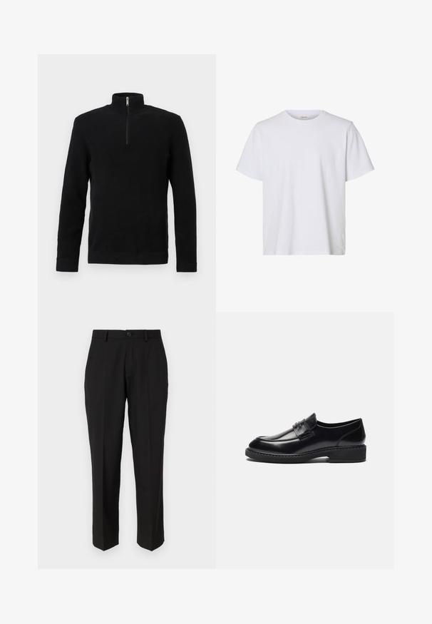 Jersey negro de manga larga con textura, media cremallera en el cuello alto y puños y dobladillo acanalados, presentado sobre un fondo blanco.; Camiseta blanca lisa de manga corta con cuello redondo, ajuste regular y textura de tela suave, presentada sobre un fondo blanco.; Pantalones negros de tela suave, con un diseño de pierna recta, bolsillos delanteros, un cierre de botón y sin patrones visibles.; Zign by Zalando LEATHER - Mocasines elegantes - black