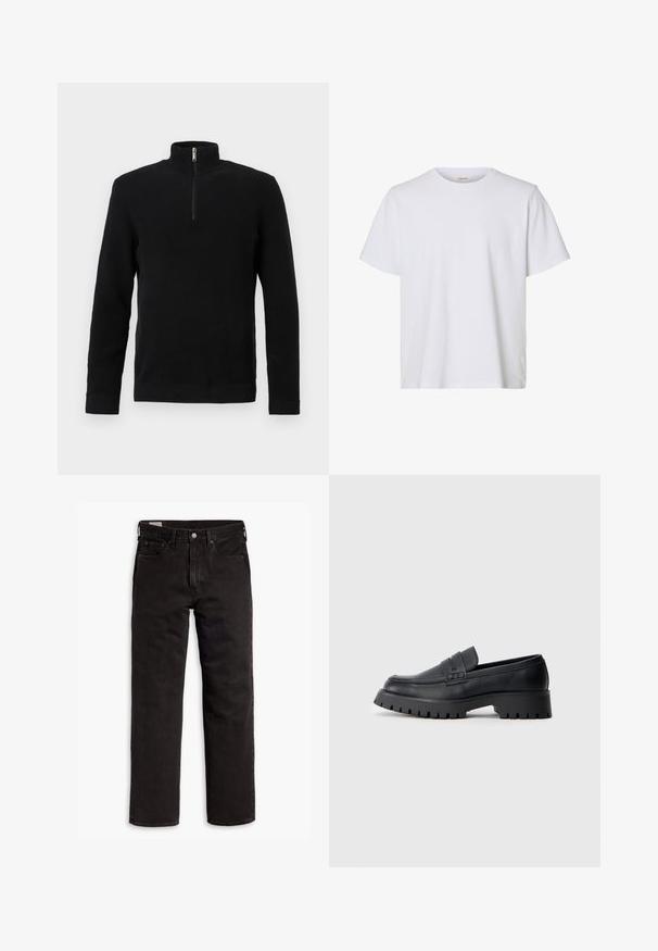 Zwarte gebreide trui met lange mouwen, halfhoge kraag met rits en geribbelde manchetten en zoom, weergegeven op een witte achtergrond.; Effen wit T-shirt met korte mouwen en ronde hals, met een regular fit en een gladde stoftextuur, weergegeven op een witte achtergrond.; Zwarte recht gesneden denim jeans met vijf zakken, knoopsluiting en riemlussen, plat gelegd op een witte achtergrond.; Zwarte leren instappers met een ronde neus, voorzien van een decoratieve riem en een stevige rubberen zool met diepe groeven voor grip.