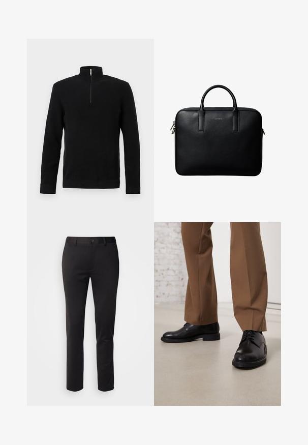 Jersey negro de manga larga con textura, media cremallera en el cuello alto y puños y dobladillo acanalados, presentado sobre un fondo blanco.; Pantalones negros de tela suave, con un diseño de pierna recta, cierre de botón en la parte delantera y cinturas, exhibidos sobre un fondo blanco.; Zapatos de cuero negro con superficie lisa y puntera redonda, que presentan cierre con cordones y una suela baja y plana. Combinados con pantalones marrones.; Maletín de cuero negro texturizado con doble asa y tiradores de cremallera plateados, centrado sobre fondo blanco.