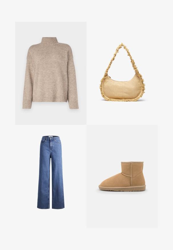 Beige gestrickter Pullover mit einem hohen Rippkragen, lockerer Passform und Rippbündchen sowie Saum. Weiche Textur mit einem lässigen Design.; Helleblaue Denim-Weite-Leg-Jeans mit hoher Taille, zwei vorderen Taschen und sichtbarer Naht. Mit Knopf- und Reißverschluss.; Beige Wildleder-Ankle-Boot mit abgerundeter Zehenpartie und gepolsterter Lasche, versehen mit kontrastierenden Nähten und einer strukturierten Gummisohle.; Texturierte beige Tasche mit runder Form, ausgefranstem Rand entlang der Kanten und einem kurzen Tragegriff. Mit einem Reißverschluss oben.