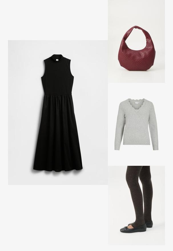Suéter gris claro de manga larga y escote en V. Presenta detalles con borde festoneado y una textura de punto suave. Diseño minimalista.; Vestido negro sin mangas con cuello alto simulado, parte superior ajustada y cintura fruncida que da paso a una falda fluida. Hecho de una tela suave.; Piernas con leggings oscuros acanalados combinados con bailarinas negras que presentan pequeños detalles de lazo sobre un fondo blanco.; Bolso de mano burdeos tejido con una silueta redondeada, un solo asa y un acabado texturizado. Cierre con cremallera en la parte superior.