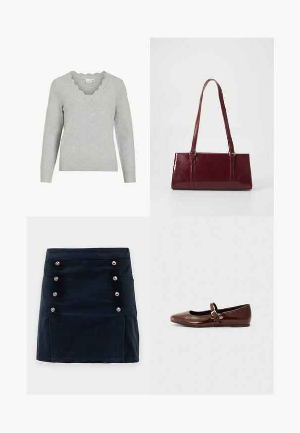 Lys grå sweater med lange ærmer og V-udskæring. Har scallopedkant detaljer og en blød strikket tekstur. Minimalistisk design.; Marineblå corduroy nederdel med lige pasform, fem metalliske knapper foran og to sidelommer for funktionalitet.; Brun patentlæder balletflade med firkantet tå og strop med en lille guldbuckle. Glat tekstur, lav hæl og minimalistisk design.; Bordeaux håndtaske lavet af glansfuldt materiale, rektangulær form, med to skulderremme og subtile buede detaljer på forsiden.