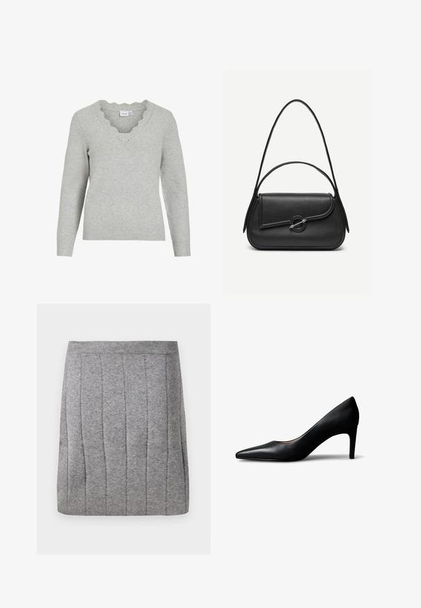 Pull gris clair à manches longues et décolleté en V. Présente des détails à bords festonnés et une texture tricot douce. Design minimaliste.; Object OBJTHESS - Minijupe - medium grey; Escarpin pour femme en cuir noir à bout pointu avec talon moyen, présenté de profil sur un fond blanc.; Sac à main en cuir noir avec bords arrondis, rabat asymétrique, fermoir circulaire en métal, et des bandoulières courtes et longues.