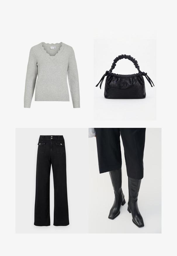 Hellgrauer Pullover mit langen Ärmeln und V-Ausschnitt. Mit gewellten Saumdetails und einer weichen Strickstruktur. Minimalistisches Design.; Schwarze, hoch taillierte Hose mit weitem Bein, zwei vorderen Klappentaschen mit Knopfverschluss und doppeltem Knopfverschluss am Taillenbund.; Schwarze Lederstiefel bis zum Knie mit quadratem Zehen und Blockabsatz. Mit einem seitlichen Reißverschluss und glatter Textur.; Schwarze Handtasche mit Krokodilstruktur, gerafftem oberen Rand, zusammengezogenem Griff und Zugkordeln mit Quasten an jeder Seite vor weißem Hintergrund.