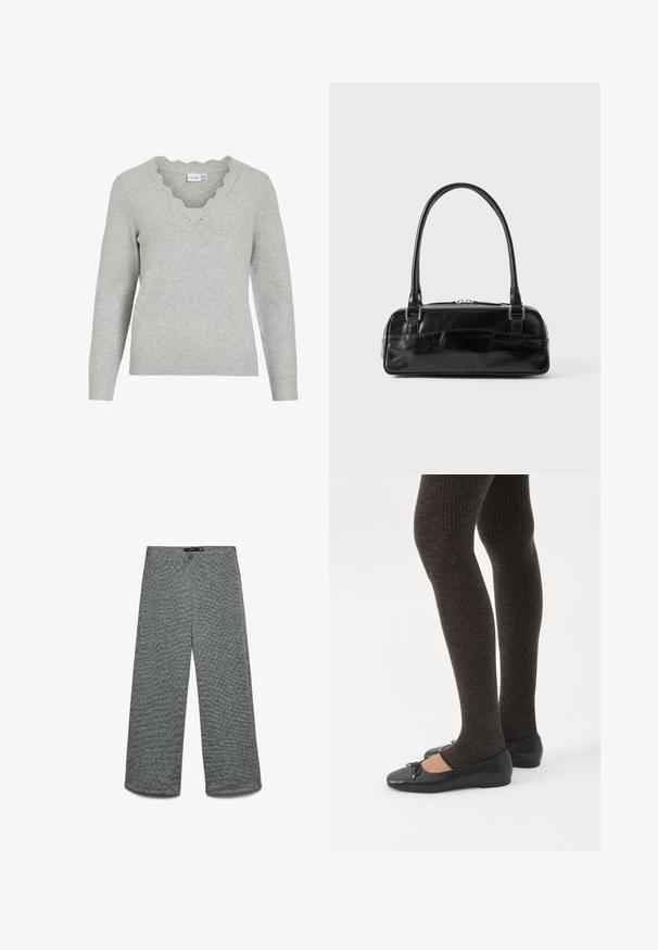 Pull gris clair à manches longues et décolleté en V. Présente des détails à bords festonnés et une texture tricot douce. Design minimaliste.; Pantalon à jambes larges en tissu tricoté gris texturé. Doté d'une taille haute et de jambes droites, offrant une coupe décontractée.; Jambes portant des leggings côtelés foncés associés à des ballerines noires avec de petits détails en nœud sur fond blanc.; Sac à main en cuir noir de forme rectangulaire, doté d'une seule ansse structurée, de quincaillerie argentée et d'une fermeture éclair. Texture lisse.