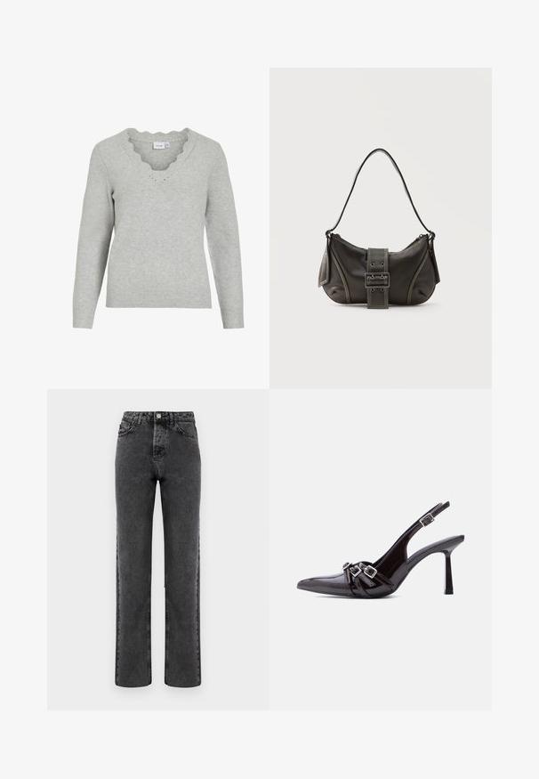 Suéter gris claro de manga larga y escote en V. Presenta detalles con borde festoneado y una textura de punto suave. Diseño minimalista.; Jeans gris de mezclilla de pierna recta con un acabado descolorido, diseño de cinco bolsillos y cierre con botón. Presenta costuras clásicas a lo largo de las costuras.; Zapato de tacón alto tipo slingback de charol negro con punta afilada y tres correas decorativas con hebillas sobre la parte superior.; Bolso de hombro de cuero negro con detalle de correa con hebilla, bordes curvos y costuras blancas en contraste sobre un fondo liso.