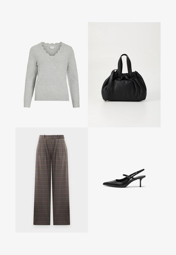 Lys grå sweater med lange ærmer og V-udskæring. Har scallopedkant detaljer og en blød strikket tekstur. Minimalistisk design.; Rude bukser med bred benform, der har læg, høj talje og en blanding af brune, sorte og lyseblå farver.; Sorte læder slingback hæle med spids tå, slank justerbar rem og en stiletto hæl på cirka 5 cm, glat tekstur.; Sort læderhåndtaske med en samlet topdesign, der har to korte håndtag og en lang justerbar rem. Glat overflade, rund form.