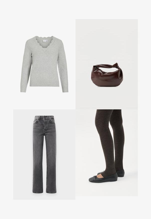 Pull gris clair à manches longues et décolleté en V. Présente des détails à bords festonnés et une texture tricot douce. Design minimaliste.; Jean taille haute, coupe droite en denim gris foncé, avec des passants de ceinture, cinq poches et des détails de décoloration subtils sur le tissu.; Jambes portant des leggings côtelés foncés associés à des ballerines noires avec de petits détails en nœud sur fond blanc.; Sac bandoulière en cuir marron foncé avec une forme souple et décontractée et une anse nouée torsadée sur un fond blanc uni.
