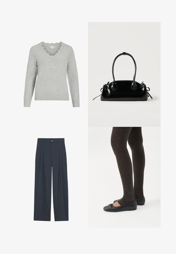 Pull gris clair à manches longues et décolleté en V. Présente des détails à bords festonnés et une texture tricot douce. Design minimaliste.; Pantalons larges en tissu texturé gris foncé, avec des plis avant, une fermeture à bouton et des poches latérales pour plus de fonctionnalité.; Jambes portant des leggings côtelés foncés associés à des ballerines noires avec de petits détails en nœud sur fond blanc.; Petit sac à main noir brillant avec deux longues anses et des détails à cordon sur les côtés sur un fond clair uni.
