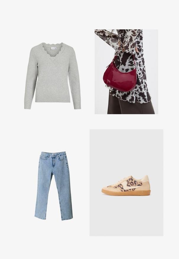 Pull gris clair à manches longues et décolleté en V. Présente des détails à bords festonnés et une texture tricot douce. Design minimaliste.; Jean en denim bleu clair avec une coupe droite, style cinq poches et une étiquette à la taille. Présente des zones décolorées pour ajouter une texture.; Baskets en imprimé léopard avec tige en suède beige, semelle en caoutchouc tan et accents blancs. Bout rond et design à lacets avec une finition texturée.; Femme portant un chemisier à motif noir et blanc tenant un sac à main rouge brillant sur un fond uni.