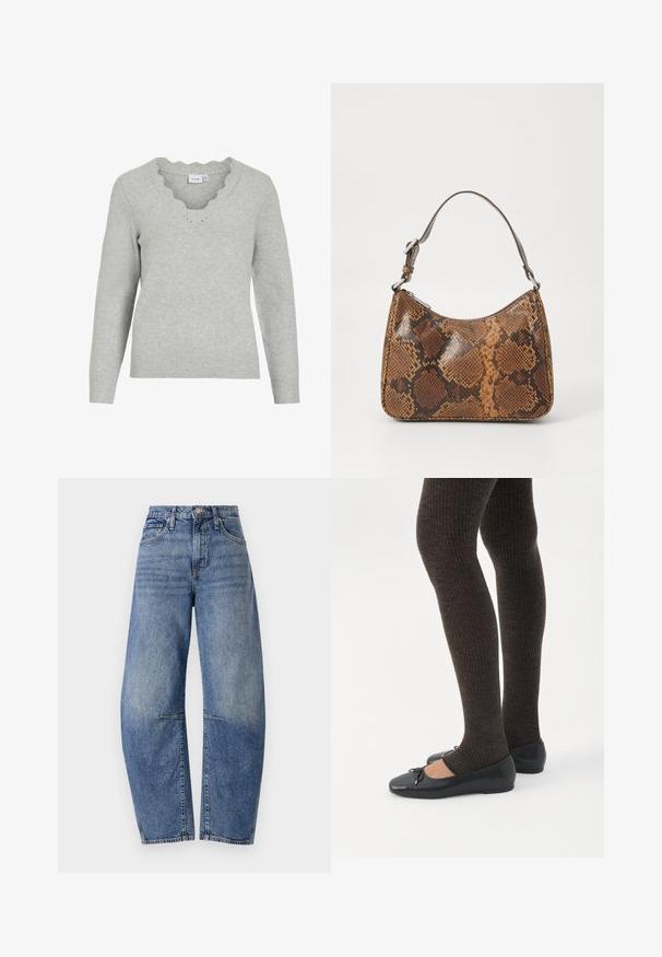 Lichtgrijze trui met lange mouwen en een V-hals. Heeft een scalloped randafwerking en een zachte brei-textuur. Minimalistisch ontwerp.; Hoge taille blauwe denim jeans met een relaxte pasvorm, voorzien van een klassieke vijfzakkenontwerp en zichtbare stiksels langs de naden.; Benen met donkere geribbelde leggings gecombineerd met zwarte ballerina's met kleine strikdetails op een witte achtergrond.; Kleine handtas met een bruin en zwart slangenprintpatroon, korte verstelbare schouderriem en ritssluiting.