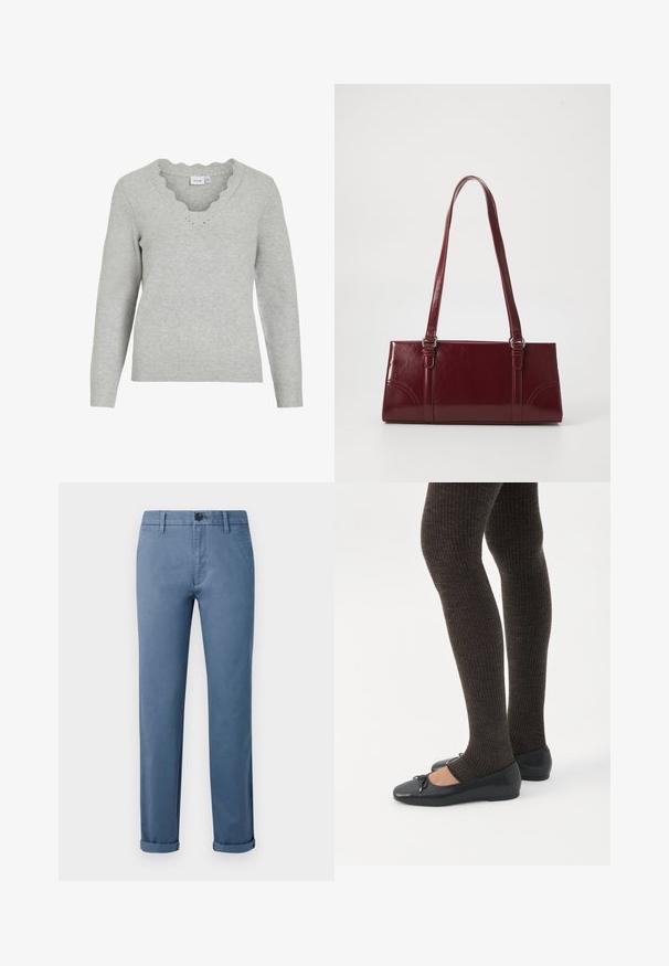 Pull gris clair à manches longues et décolleté en V. Présente des détails à bords festonnés et une texture tricot douce. Design minimaliste.; Pantalons casual bleus avec fermeture à bouton, passants de ceinture, poches latérales et poignets aux chevilles sur fond blanc.; Jambes portant des leggings côtelés foncés associés à des ballerines noires avec de petits détails en nœud sur fond blanc.; Sac à main bordeaux en matériau brillant, de forme rectangulaire, avec deux anses et des accents légèrement courbés à l'avant.