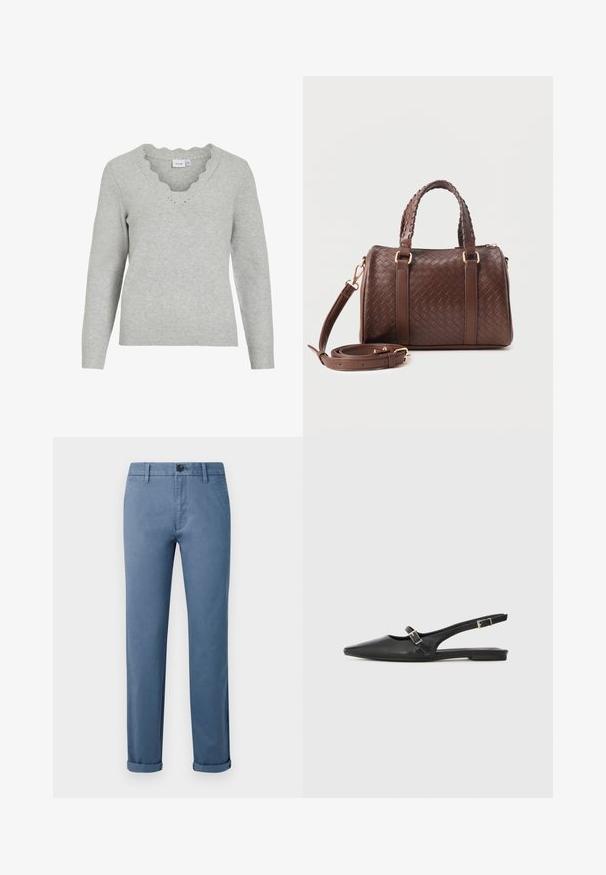 Pull gris clair à manches longues et décolleté en V. Présente des détails à bords festonnés et une texture tricot douce. Design minimaliste.; Pantalons casual bleus avec fermeture à bouton, passants de ceinture, poches latérales et poignets aux chevilles sur fond blanc.; Chaussures slingback en cuir noir avec un bout pointu, comprenant une lanière étroite et un accent de boucle argentée sur le côté. Semelle plate.; Sac à main en cuir tressé marron foncé avec poignées jumelles tressées, ferrures dorées et bandoulière amovible enroulée à l'avant.