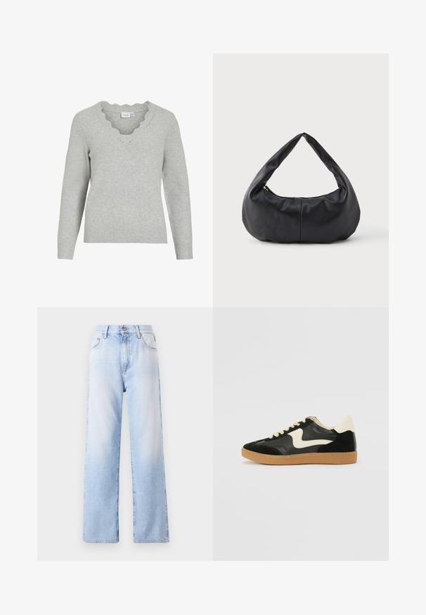 Lichtgrijze trui met lange mouwen en een V-hals. Heeft een scalloped randafwerking en een zachte brei-textuur. Minimalistisch ontwerp.; Lichtblauwe denim jeans met een hoge tailleband, brede rechte pijpen en subtiele vervaging. Beschikt over een knoopsluiting aan de voorkant en vijf zakken.; Zwarte suède en leren sneaker met een crèmekleurige zij-swoosh en lichte crèmekleurige hiel. Voorzien van beige veters en een gumrubberen zool.; Zwarte zachte leren halvemaanvormige handtas met een dikke, gevoerde handgreep en een ritsopening aan de bovenkant.