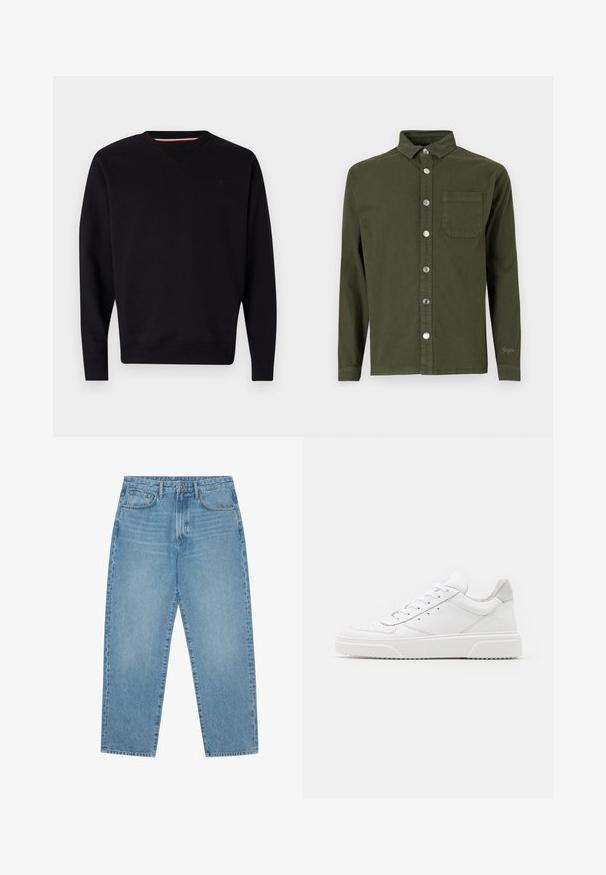 Replay ESSENTIAL R CREWNECK - Sudadera - black; Denim Project DPMDPSTITCH DETAIL DENIM SHIRT - Camisa - duffel bag green; Pantalones vaqueros de mezclilla azul claro con corte de pierna recta, diseño de cinco bolsillos y textura ligeramente desgastada. Cuentan con cierre de botón y cremallera.; Zapatillas de cuero blanca con un acabado suave, punta redondeada, cordones planos y una suela texturada. Acento de ante gris en el talón.