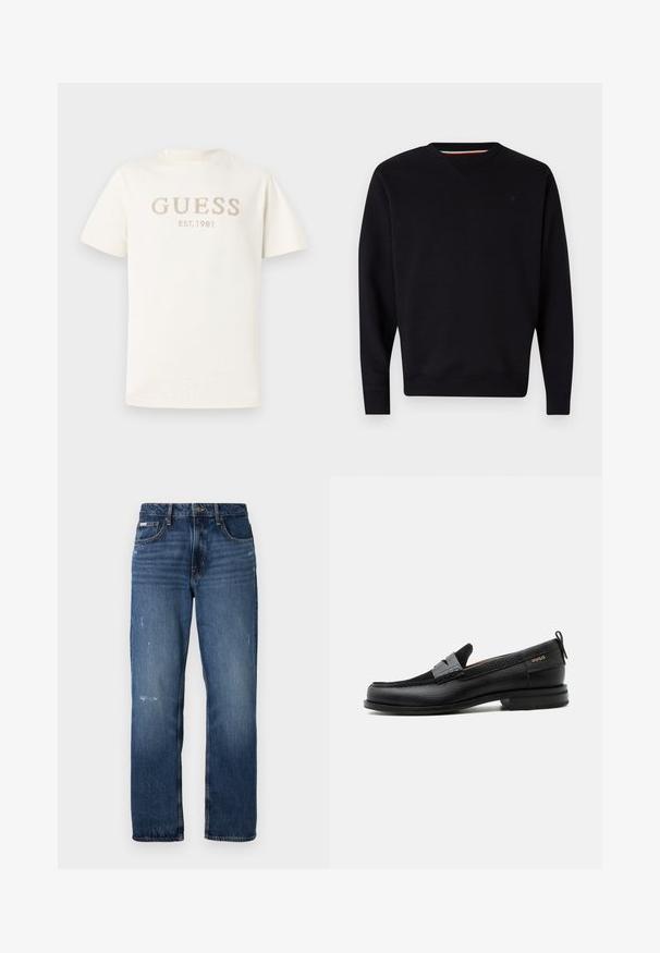 Replay ESSENTIAL R CREWNECK - Sweatshirt - black; T-shirt blanc à manches courtes en coton doux, ornée d'un logo en relief "GUESS" et "EST. 1981" en beige clair sur le devant.; Jeans en denim bleu avec une coupe droite. Présente des zones décolorées et un léger effet usé à l'avant, avec une fermeture classique à boutons.; Mocassin en cuir noir avec détail de bride grise, talon bas et semelle texturée, marqué "HUGO" en or sur le côté.