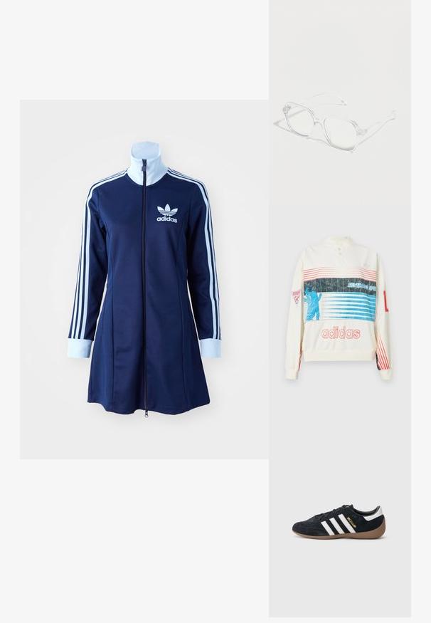 Valge kõrge kaelusega särk, millel on horisontaalsed sinised ja punased triibud, Adidas logo, ning silueti graafika.; Tumesinine adidas'i kapuutsi kleit pika varrukaga, helesinised triibud käte peal ja logo rinnal. Sile kangas sportliku disainiga.; Mustast seemisest vabaajajalats, millel on kolm valget triipu, kummisest tallast ja küljele kinnitatud väike kuldne logo. Siseküljel on sile must vooder.; Läbipaistev ristkülikukujuline prilliraam ja kõrvaosad, asetatud valgele pinnale pehmete varjudega.