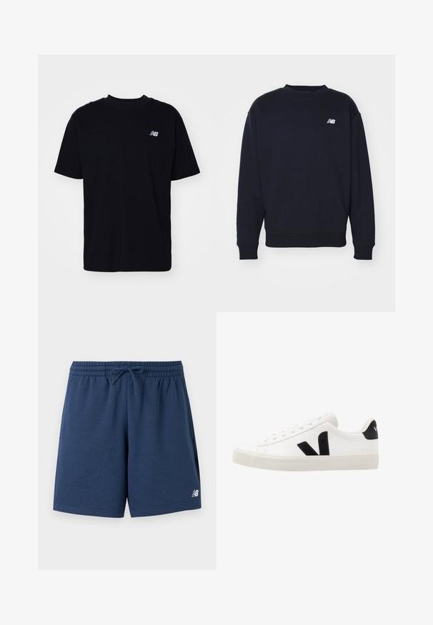 Marineblauwe sweatshirt van zachte stof met een ronde hals, geribbelde mouwen en een klein wit "N"-logo op de borst. Eenvoudig, klassiek design.; Zwarte katoenen t-shirt met een ronde hals, korte mouwen en een klein reliëflogo op de linkerborst. Klassieke pasvorm en een soepele textuur.; Marineblauwe sportshorts met elastische tailleband, trekkoord, zijzakken en wit New Balance-logo op het linkerbeen.; Witte leren sneaker met zwarte suède accenten; voorzien van een rubberen zool, ronde neus en een klassieke vetersluiting. Zijkant met logo in het zwart.