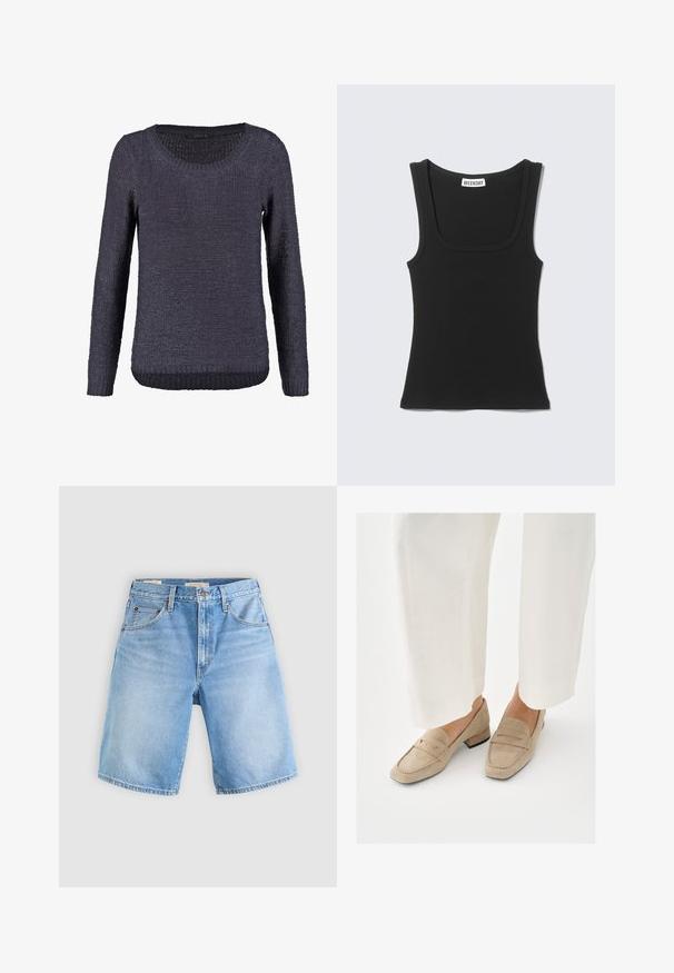 Mørkeblå striktrøje med et struktureret design, rund hals og lange ærmer. Ribbet kant forneden og ved ærmernes ender.; Sort ribbet ærmeløs tanktop med brede skulderstropper og firkantet halsudskæring, mærket "WEEKDAY" inde i kraven.; Lysblå denimshorts med en afslappet pasform, der har knaplukning, bæltestropper og fem lommer. Glat tekstur med affarvede områder.; Beige ruskind loafers med lav hæl, der har et syet design og en rundet tå. Båret sammen med hvide, vidde bukser.