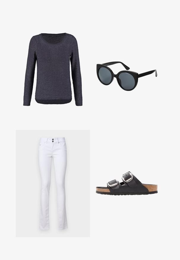 Mørkeblå striktrøje med et struktureret design, rund hals og lange ærmer. Ribbet kant forneden og ved ærmernes ender.; Hvide flagrende jeans lavet af bomuldsblandingsstof, med en to-knap lukning, frontlommer og subtile syninger.; Sort sandal med to justerbare remme, sølvspænder og en korksål på en struktureret sort gummisål.; Storede sorte oversized solbriller med katteøjeform, mørkt tonede linser og glansfuldt plastisk stel. Har tykke stænger for støtte.