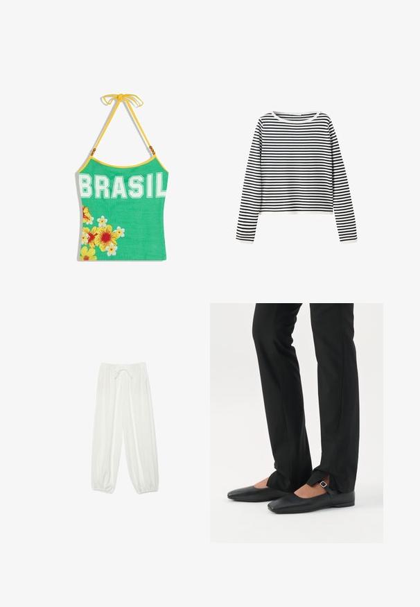 Chemise à manches longues avec des rayures horizontales noires et blanches et un col rond sur un fond blanc uni.; Haut dos nu vert avec bordure jaune, texte "BRASIL" et fleurs tropicales jaunes et blanches en bas à gauche.; Pantalon blanc ample avec taille élastique, cordon de serrage et poignets élastiqués froncés aux chevilles.; Jambes vêtues d’un pantalon slim noir avec des fentes à l’avant de l’ourlet, assorties à des chaussures plates Mary Jane noires avec une petite bride à boucle.